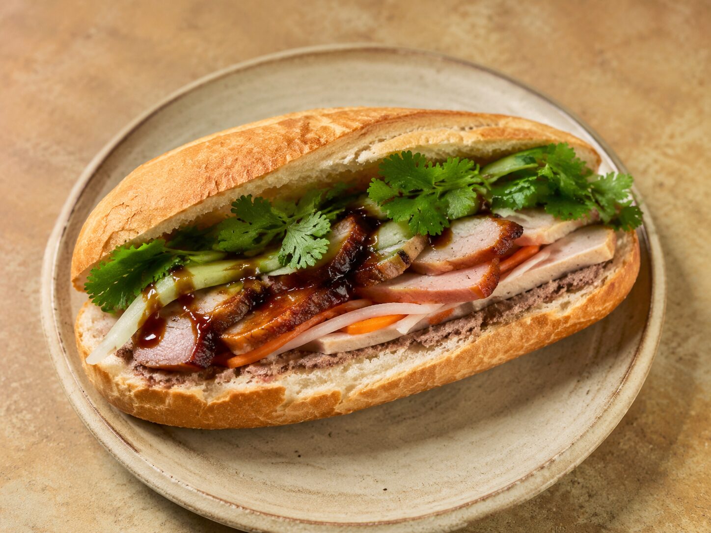 Ổ bánh mì Hội An chụp thật với pate, xá xíu, chả, đồ chua, dưa leo và rau thơm