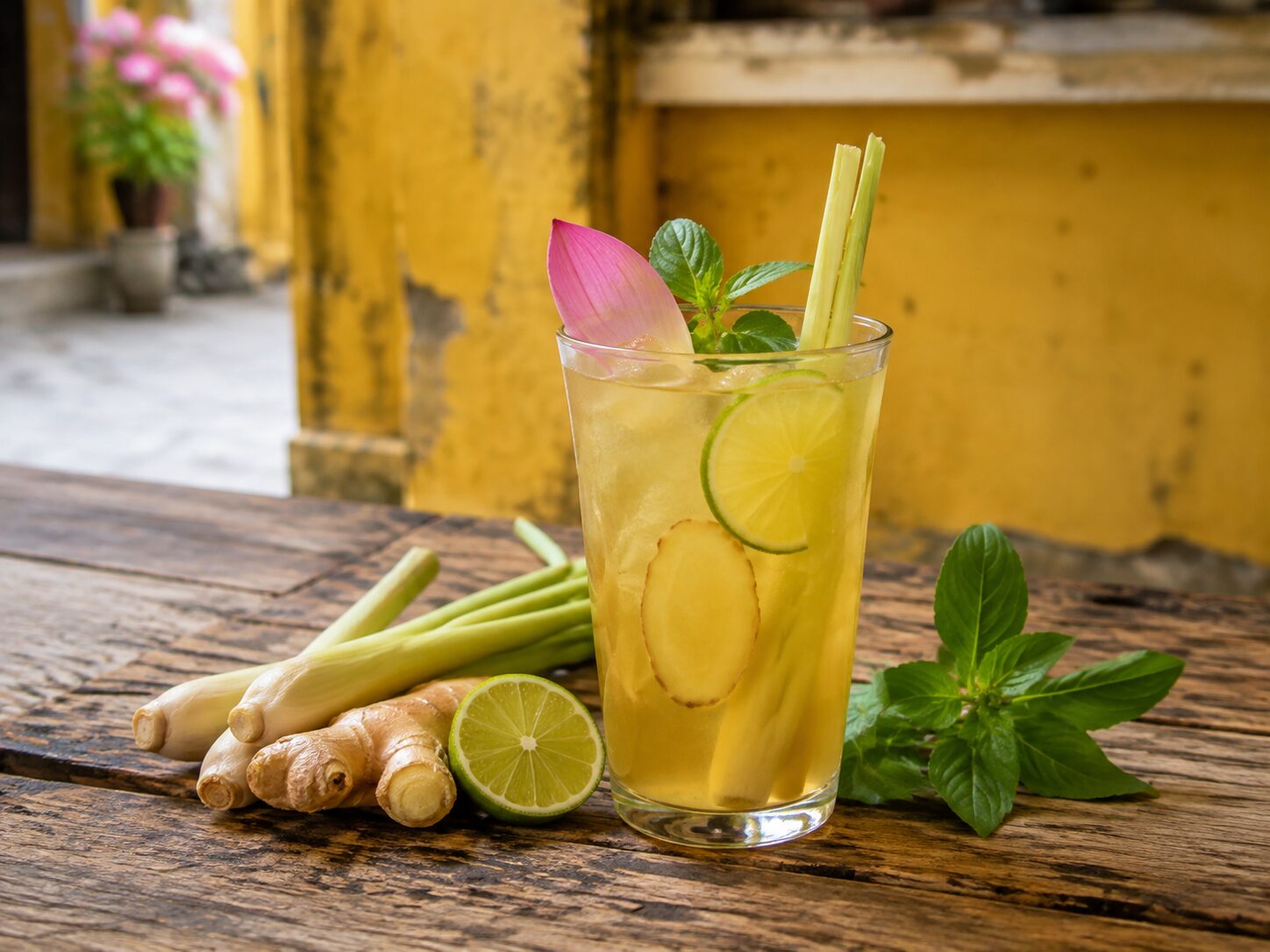 Ly nước thảo mộc Hội An với chanh, sả, gừng, lá thơm và cánh sen