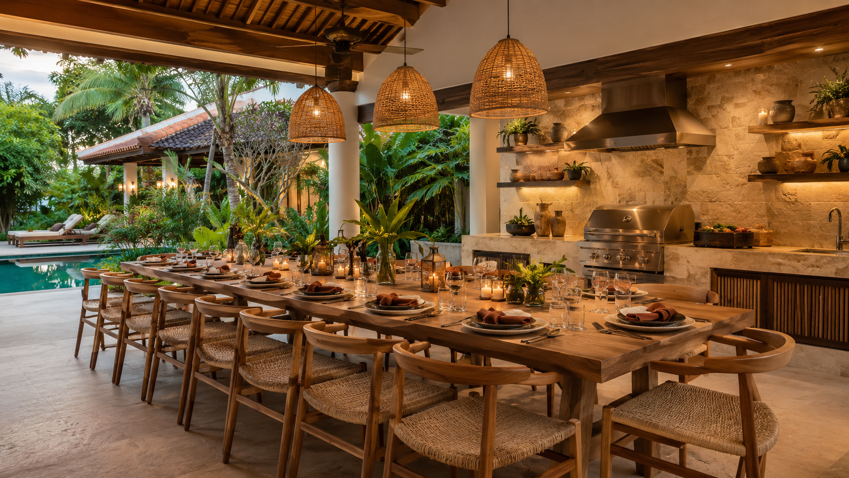 Bàn ăn và khu BBQ villa Hội An đủ chỗ cho nhóm 10 đến 15 khách