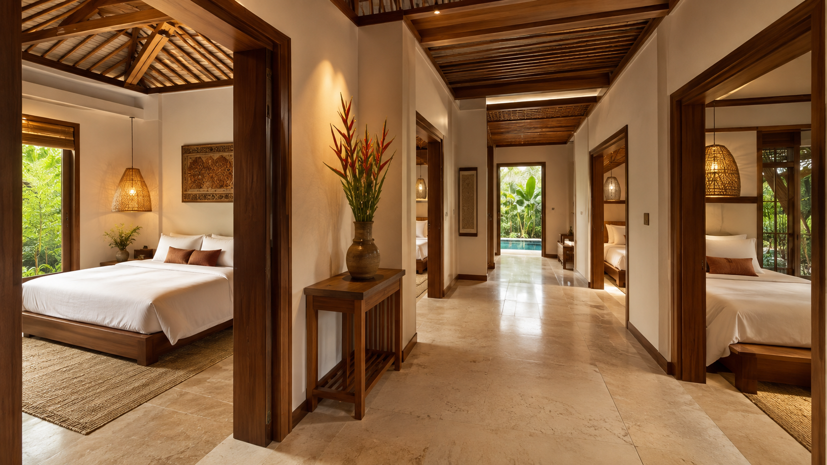 Dãy phòng ngủ rộng rãi trong villa Hội An 5 phòng ngủ với giường cố định