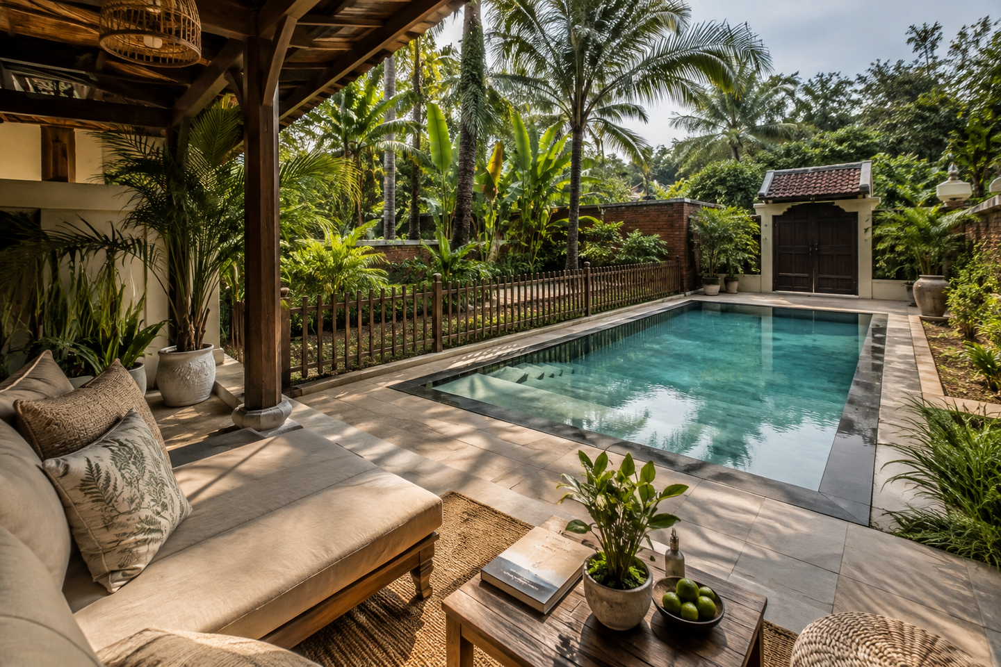 Hồ bơi có khu nghỉ ngoài trời tại villa Hội An gần biển An Bàng