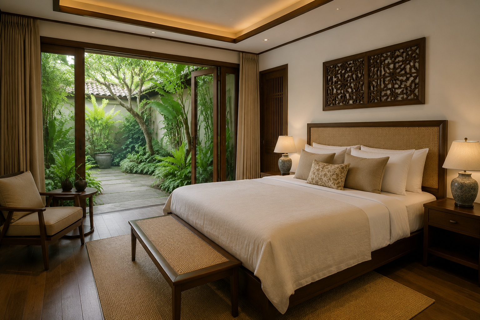 Phòng ngủ villa Hội An yên tĩnh với vật liệu gỗ và cửa mở ra sân vườn