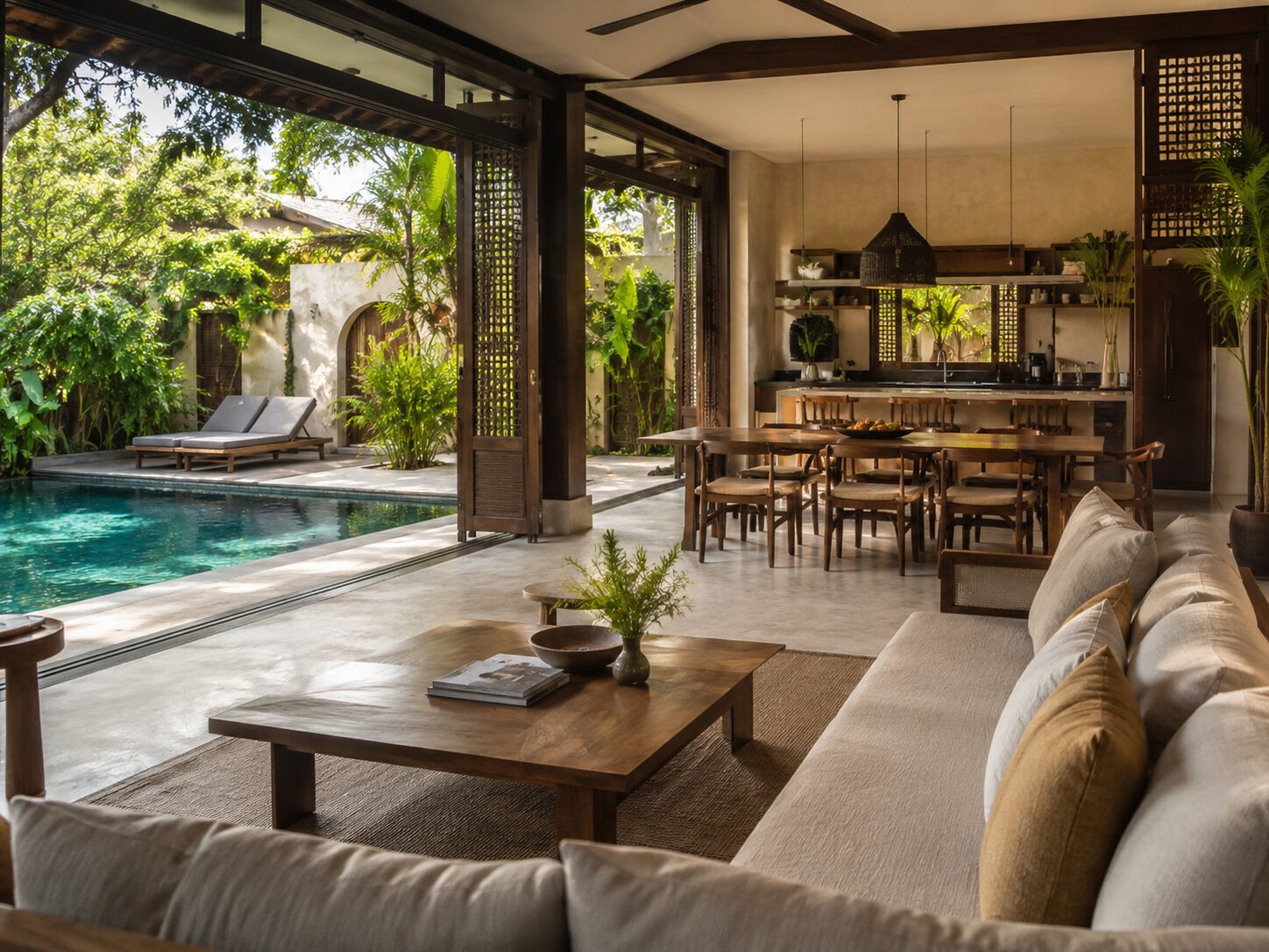 Phòng khách, bàn ăn và bếp của villa Hội An nguyên căn mở ra hồ bơi riêng