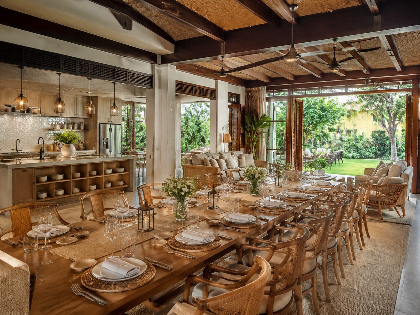Phòng khách và bàn ăn lớn trong villa Hội An cho nhóm đông