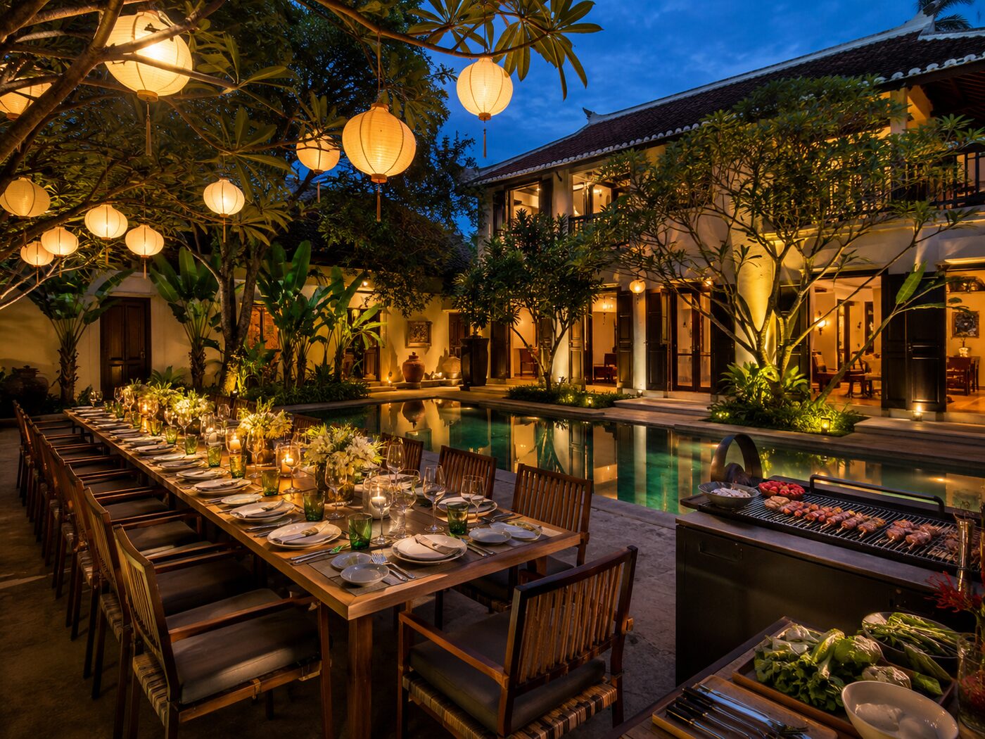 Tiệc BBQ bên hồ bơi tại villa Hội An cho nhóm đông